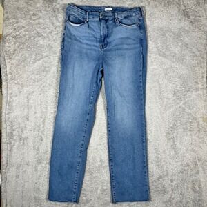 Good American Good Legs Straight Long Jeans Blue Raw Hem High Rise Size 18